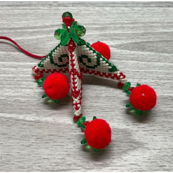 Vintage Christmas Tree Ornament Cross Stitch Triangular Pyramid Handmade 3 Inch - Picture 3 of 5